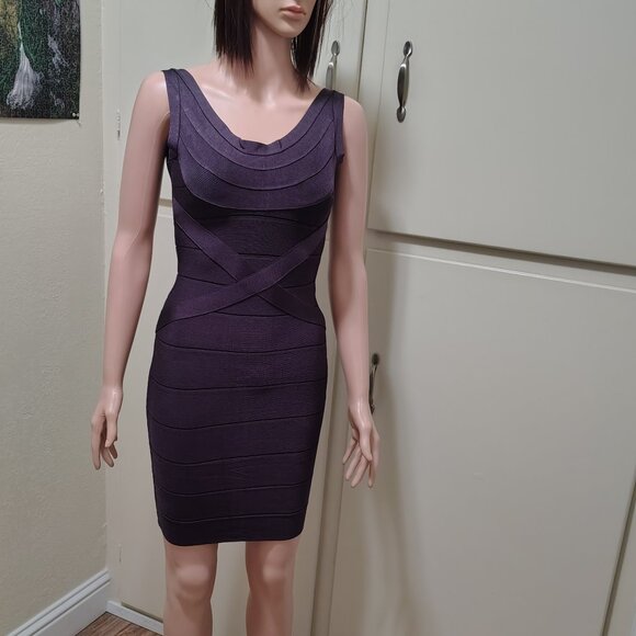 Rachael G. Stretch Purple Strappy Round Neck Dress with Backless - Picture 3 of 10
